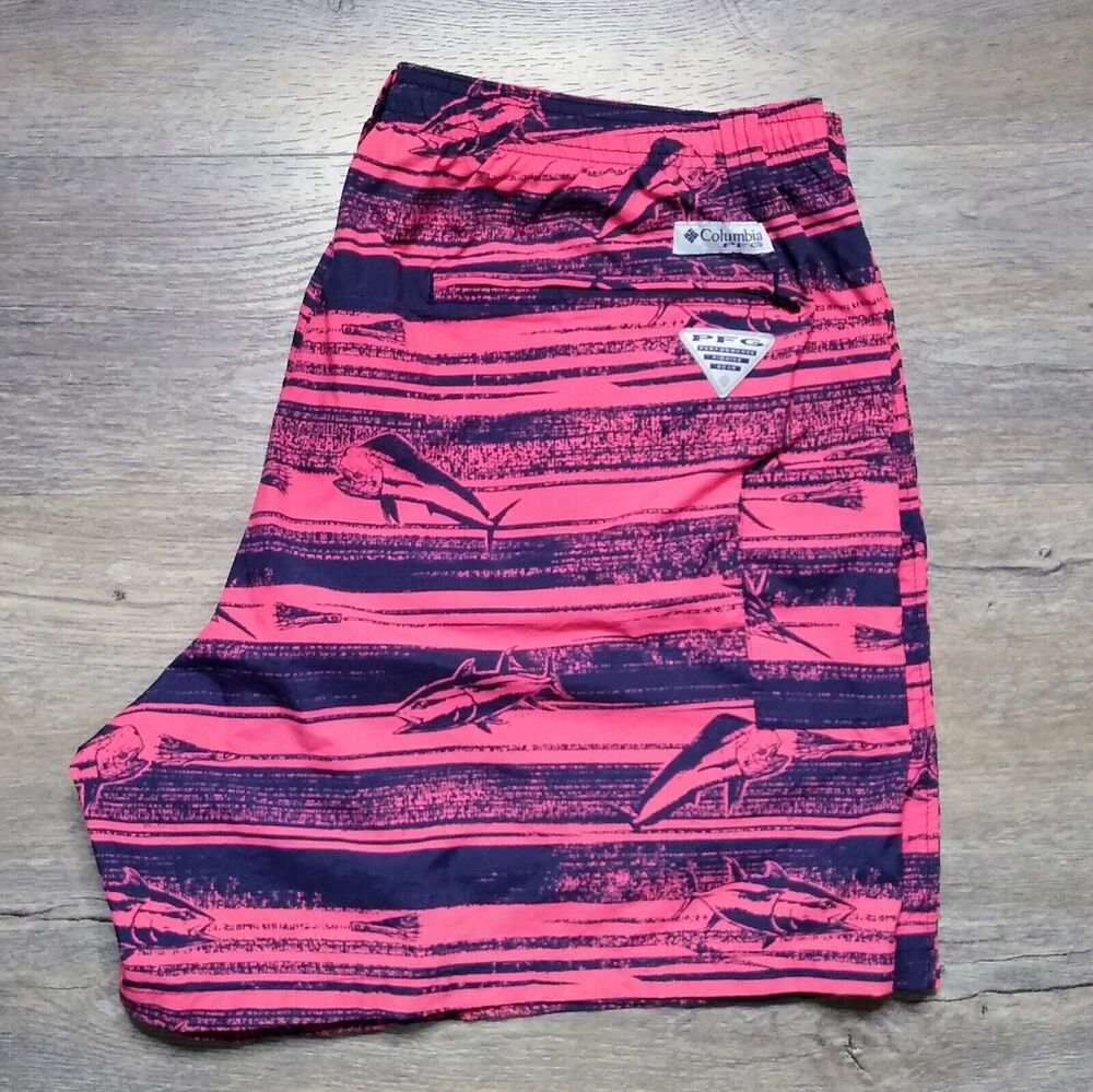 Columbia Shorts Mens XXL Red Fish Print Swim Outdoor Lined Omni Shade PFG